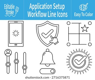 Iconos de línea de trazo editables que muestran el flujo de trabajo de configuración de la aplicación con la pantalla de carga, la Aprobación de permisos, la selección de características, las preferencias del usuario, el control de notificaciones y la finalización correcta de la instalación.