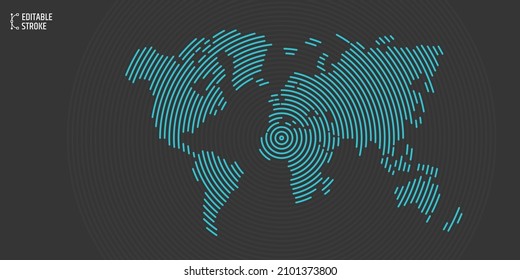 Editable stroke line world map. Technological design world. Line thickness can be changed.