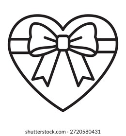 Editable stroke linear icon of a heart tied with a ribbon bow. Romantic minimalist design for Valentine’s Day, love, wedding, or gift themes.