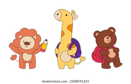 Editable Stroke of Lion, Giraffe, Bear Doodle Illustration Vector Art for Kids, School and Classroom