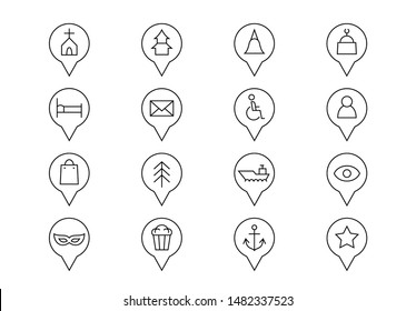 Editable stroke. Map location pointers thin line vector icons