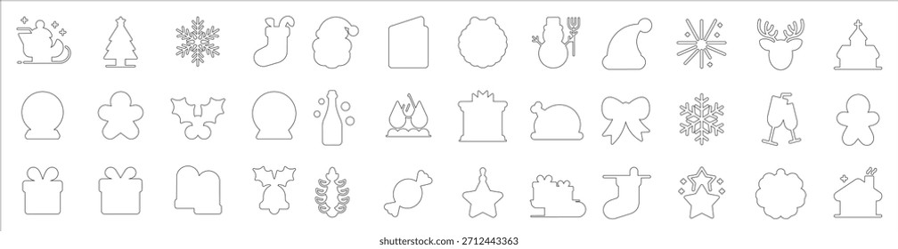 Editable stroke, A massive set of Christmas line icons. Vector outlines, Digital stamps. Simple thin line symbols of winter items are isolated. A comprehensive graphic elements pack for design.