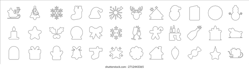 Trazo editable, un conjunto masivo de iconos de línea de Navidades. Contornos de Vector, sellos digitales. Símbolos de línea delgada simples de artículos de invierno están aislados. Un completo pack de Elementos gráficos para el diseño.