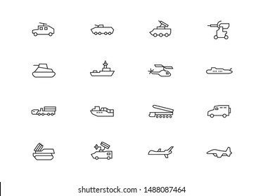 Editable stroke. Military technics thin line vector icons