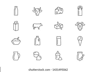 Editable Stroke. Milk Thin Line Vector Icon Set. Dairy Goods Production Industry Include Milk, Cheese, Cream, Yogurt, Butter And Farm Animals