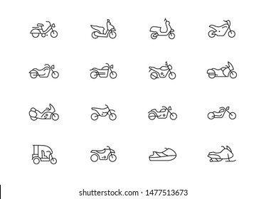 Editable stroke. Motorcycles thin line vector icon set