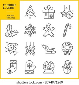 Editable stroke new year icons. Christmas and happy new year concept design. Snowman, santa hat, snowflake, gift box, gingerbread, party and celebrations set.