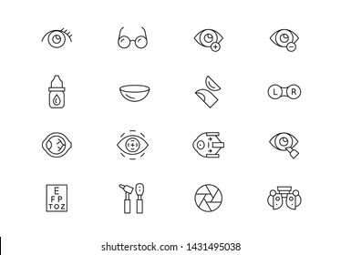 Editable stroke. Ophthalmology thin line vector icon set. Eye health care related pictograms, such as laser correction, eye anatomy, contact lenses, medical tools