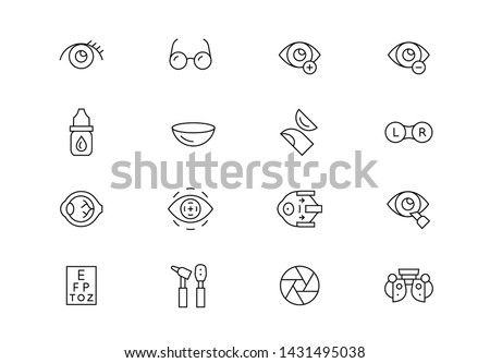Editable stroke. Ophthalmology thin line vector icon set. Eye health care related pictograms, such as laser correction, eye anatomy, contact lenses, medical tools