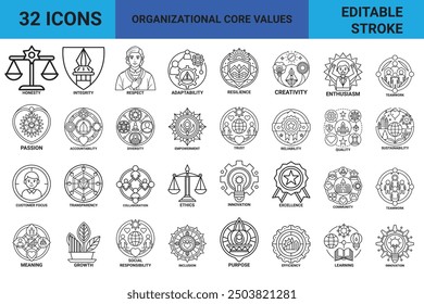 Editable Stroke Organizational Core Values Line Icons: A versatile set of line icons representing Integrity, Respect, teamwork, efficiency, efficiency and many more. Suitable for use in digital design