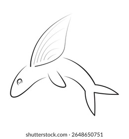 Traçado editável contorno de um peixe voador desenhado em um estilo minimalista com linhas finas. O peixe é ilustrado em perfil lateral com barbatanas peitorais estendidas assemelhando-se a asas.