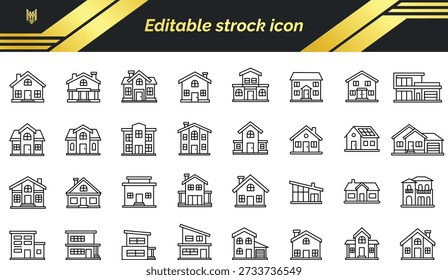 Editable stroke outline house icon set, Outline house and building icon pack