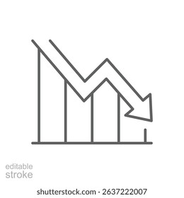 Editable Stroke Outline Icon for Economic Recession and Revenue Fall Financial Performance Chart with Downward Arrow Symbol