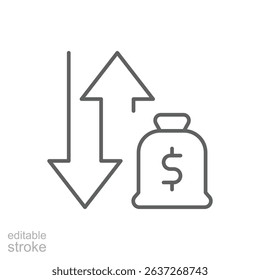 Editable Stroke Outline Icon for Financial Rate Changes and Market Fluctuation Money Bag with Up and Down Arrows