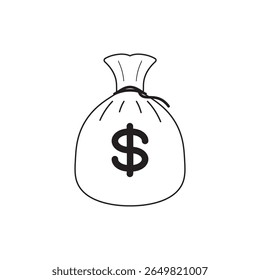 Editable stroke outline icon of a money bag with a dollar sign on its front. The icon features a simple, clean black line design representing wealth, savings, or financial transactions.