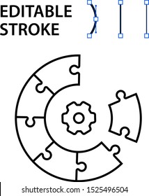 Editable stroke. Outline icon. Parts of puzzle and gear. Pieces of conundrum. The icon show the teamwork process. Processes which working together. Vector illustration with editable outlines.