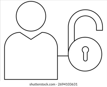 Editable stroke outline icon of user silhouette with unlocked padlock. Line avatar and open lock symbol depicting account access