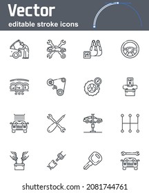 Editable stroke outline icons of car maintenance service. Set of vector auto repair shop line icons isolated on transparent background. 