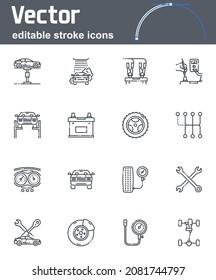 Editable stroke outline icons of car maintenance service. Set of vector auto repair shop line icons isolated on transparent background. 