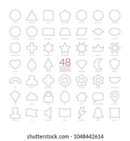 Editable stroke outline vector set basic geometric shapes. Kids thin figures school collection. Simple design symbols. Circle, triangle, square, pentagon, hexagon, heptagon, octagon, nonagon, decagon.