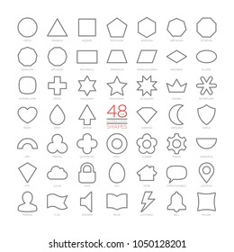 Editable stroke outline vector set basic education shapes. Thin geometric figures collection. Simple design symbols. Circle, triangle, square, arc, trefoil, quatrefoil, ring, flower, pinion, location.