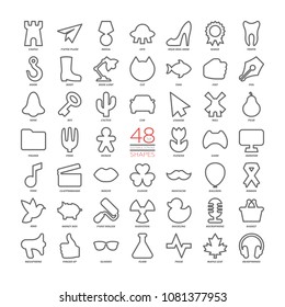 Editable stroke outline vector set basic design icons. Thin figures collection with simple symbols of paper plane, high heel shoe, desk lamp, money box, paint roller, finger up, maple leaf.