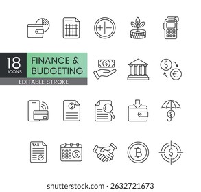Editable stroke pack of finance and budgeting icons featuring profit reports currency exchange tax documents crypto wallets budget planning and digital payments for apps fintech dashboards