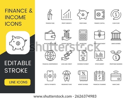 Editable stroke pack of finance and income line icons including cash flow savings investments digital payments profit growth and budgeting for fintech apps dashboards and business visuals.