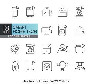 Pacote de curso editável de ícones de tecnologia doméstica inteligente, incluindo o purificador de termostato inteligente de refrigerador a vácuo de robôs e mais aparelhos conectados controlados através de aplicações Wi-Fi e automação.