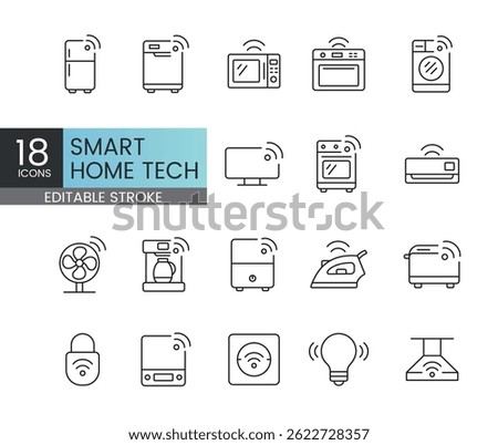 Editable stroke pack of smart home tech icons including robot vacuum smart fridge thermostat purifier and more connected appliances controlled via Wi-Fi apps and automation.