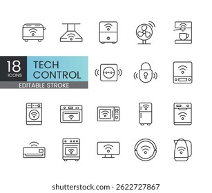 Editable stroke pack of smart tech control icons including light management, appliance control, smart plugs and Wi-Fi connected devices operated via apps and voice assistants.