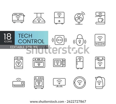 Editable stroke pack of smart tech control icons including light management, appliance control, smart plugs and Wi-Fi connected devices operated via apps and voice assistants.