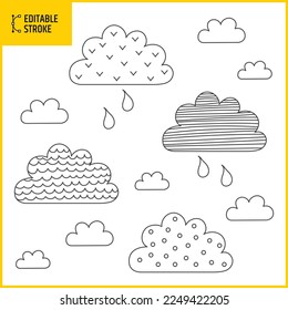 Editable stroke patterned clouds. Vector illustration of minimalist design. Line thickness can be changed.