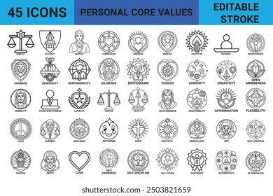 Editable Stroke Personal Core Values  Line Icons: A versatile set of line icons representing Honest, Integrity, Respect, Patience, Loyalty, Courage and many more. Suitable for use in digital designs.