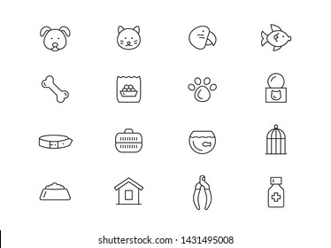 Editable stroke. Pet shop thin line vector icon set. Goods for domestic animals, include food, toys, grooming and other accessories