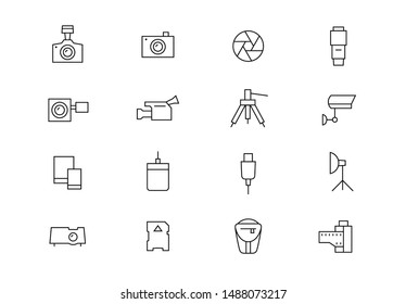 Editable stroke. Photography equipment thin line vector icons