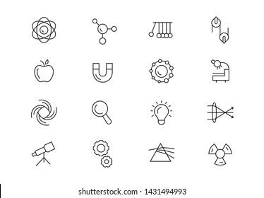 Editable stroke. Physics science thin line vector icon set. Scientific symbols for education and research