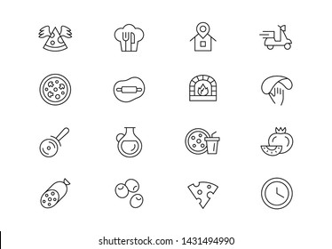 Editable stroke. Pizza thin line vector icon set. Pizza making, ordering and delivery service