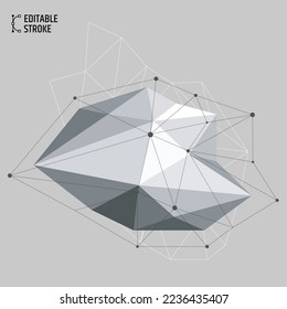 Editable stroke polygonal 3D digital vector. Perspective wireframe illustration. Mesh line of abstract object. Geometric structure. Line thickness can be changed.