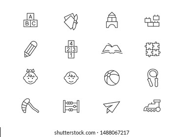 Editable stroke. Preschool education thin line vector icons