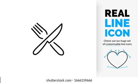 editable stroke real line icon of a knife and fork as a cutlery set crossing each other in black modern and clean lines on a white background