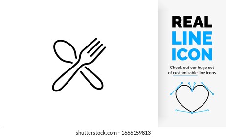 editable stroke real line icon of a spoon and fork as a cutlery set crossing each other in black modern and clean lines on a white background