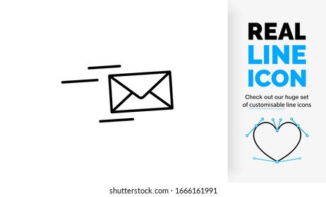 Editable Stroke Real Line Icon Of A Envelope Used For Post And Email Send And Flying Out With Dynamic Lines In A Modern And Clean Black Line Design Style On A White Background