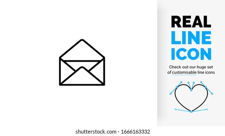 icono de línea real de trazo editable para abrir un sobre utilizado para correos electrónicos en un diseño de línea negra moderno y limpio sobre un fondo blanco