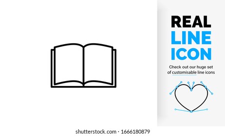 editable stroke real line icon of open pages in a book used for learning in black clean lines on a white background