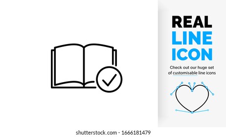 editable stroke real line icon of open pages in a book used for learning with a vink in a checkbox for correct information in black clean lines on a white background