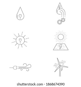 Editable stroke renewable energy symbol set. Hydropower, solar power, wind power. Vector illustration outline flat design style.