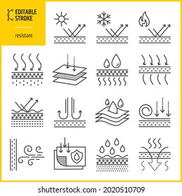 Editable stroke resistant icons. Waterproof and fireproof material related vector symbols.