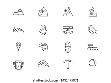 Editable stroke. Rock climbing thin line vector icon set. Mountaineering gear stuff