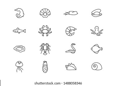 Editable stroke. Sea life thin line vector icons